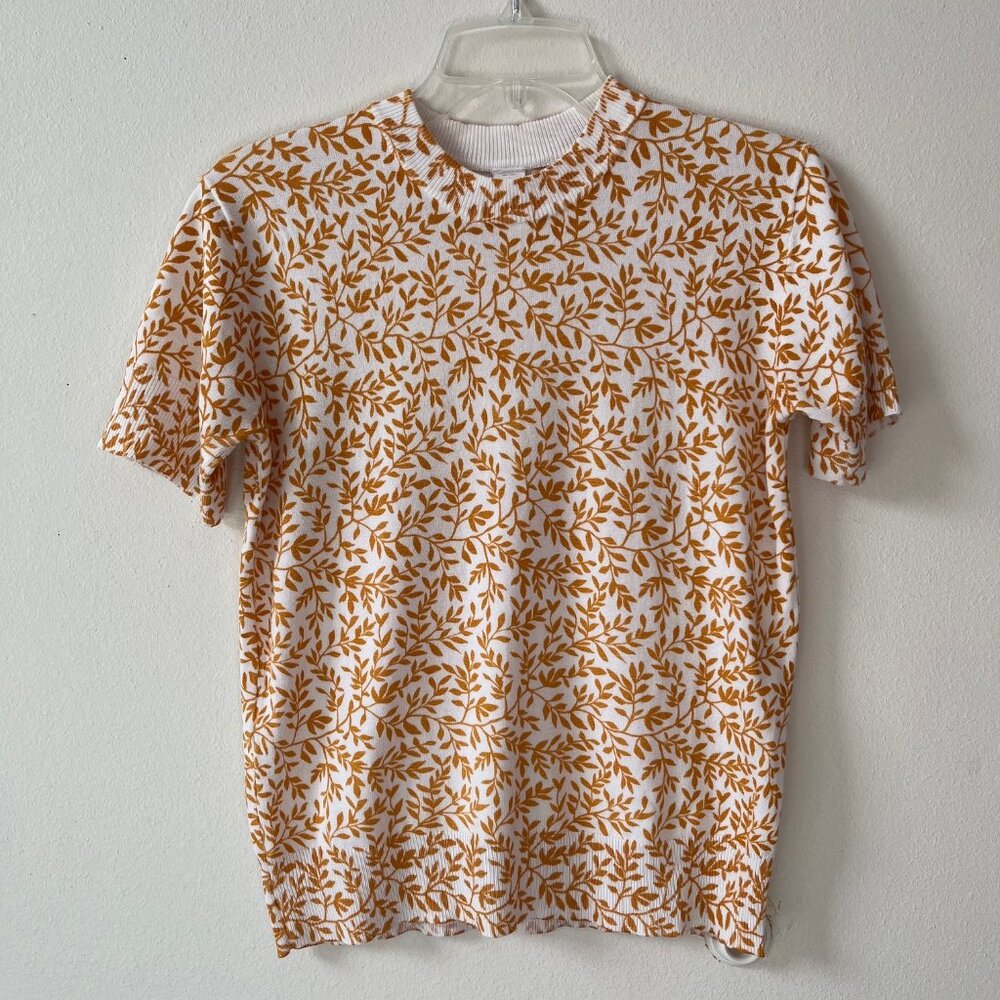 Mimi & Daphne Short Sleeve Leaf Print Pattern Sweater Knit Top Size S